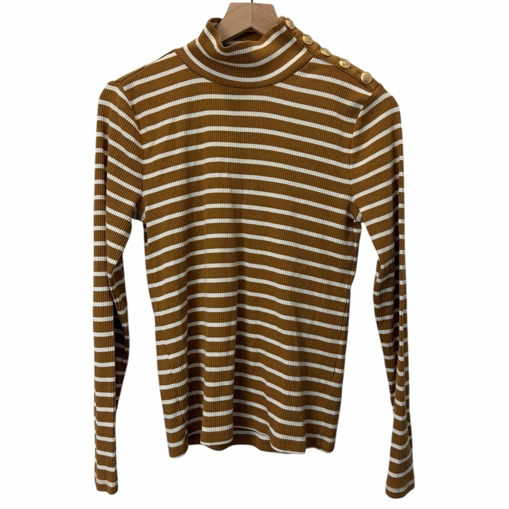 J.Crew Ribbed Mock Neck Striped Sweater M Camel Brown White Coastal Classic - Picture 2 of 8